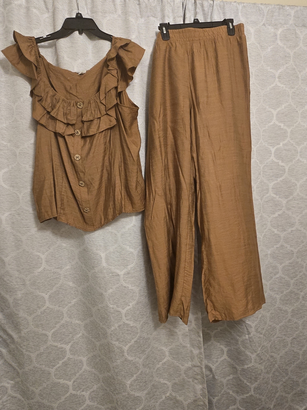 Cato Ruffle Button Top & Wide-Leg Pants — Brown